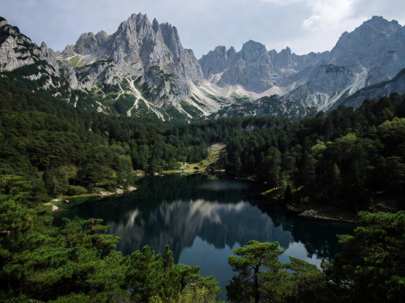 Crno Jezero Black Lake surrounded by dense pine forests and jagged peaks in Durmitor National Park Montenegro
